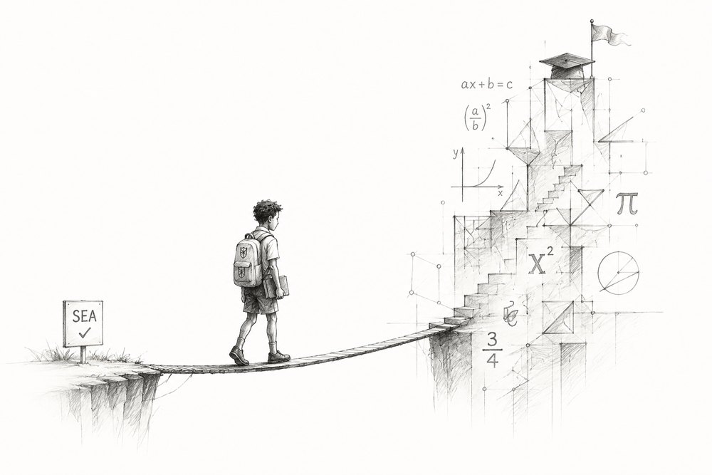 Pencil illustration of a student crossing a rope bridge from an SEA sign toward a staircase of harder maths