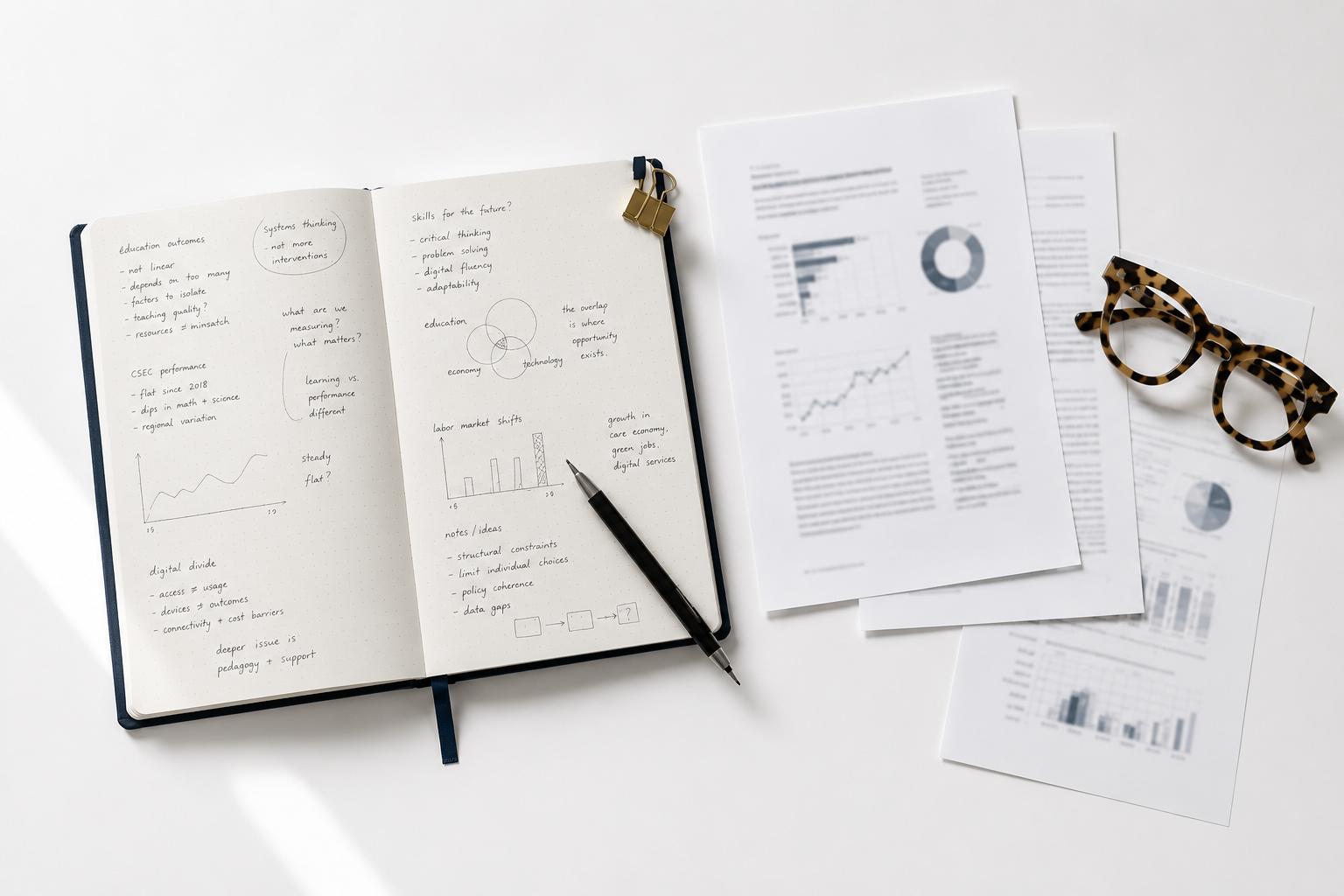 Research notebook with analytical notes on Caribbean education data