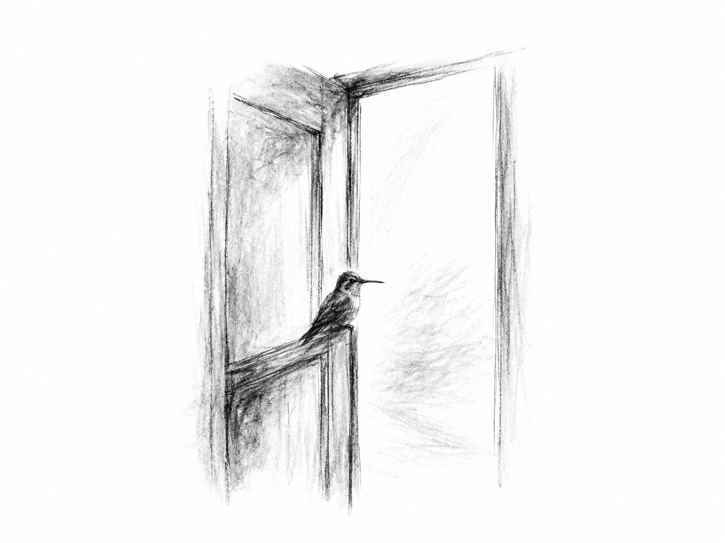 Pencil illustration of a hummingbird perched in an open doorway